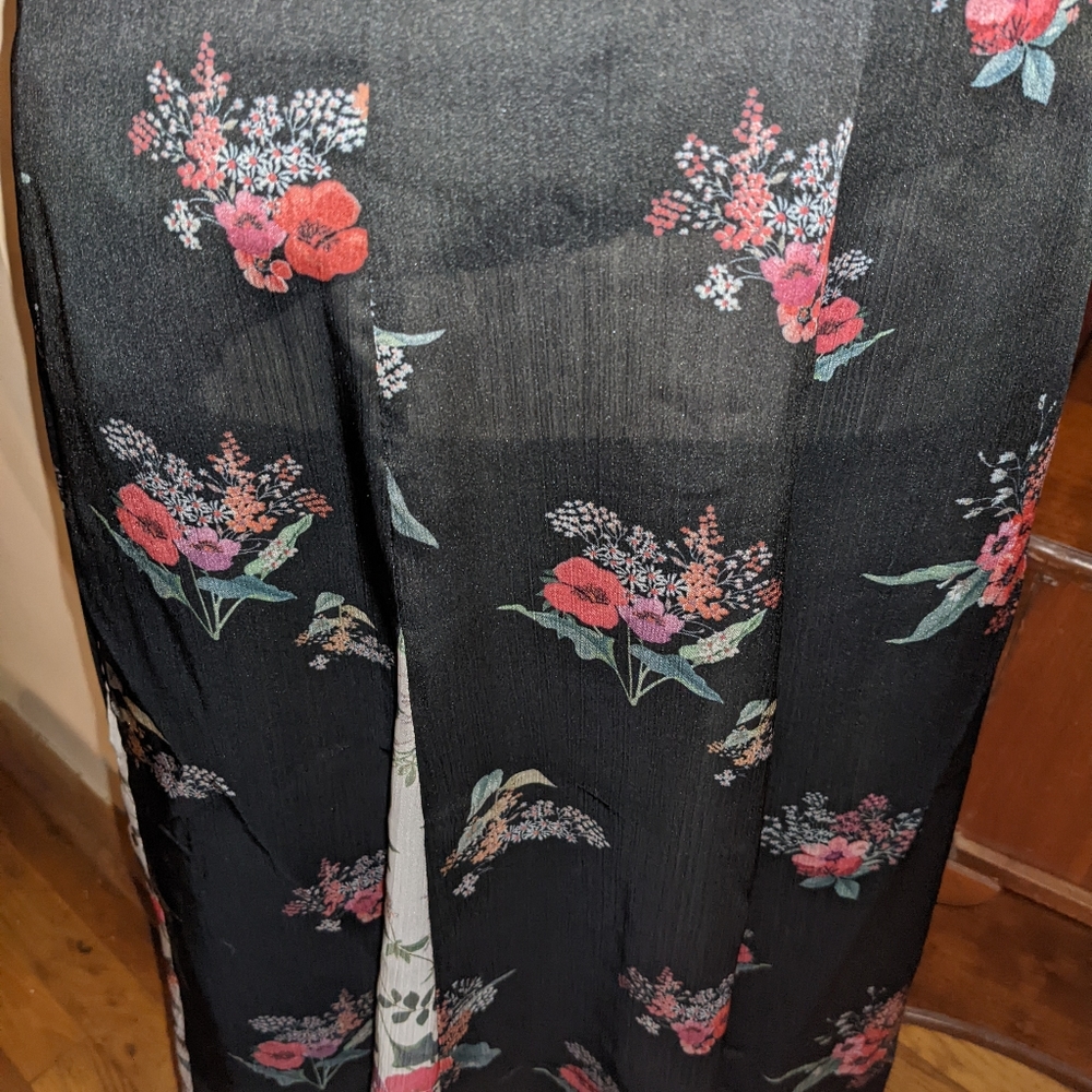 Ted Baker Black Floral A-Line Midi Dress with Pink & Green Accents - Picture 4 of 9